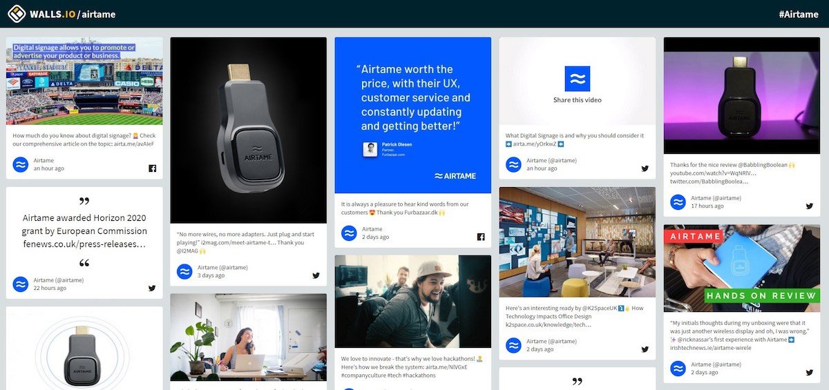 Screenshot from a Walls.io Dashboard showing images of Airtame devices and social media comments