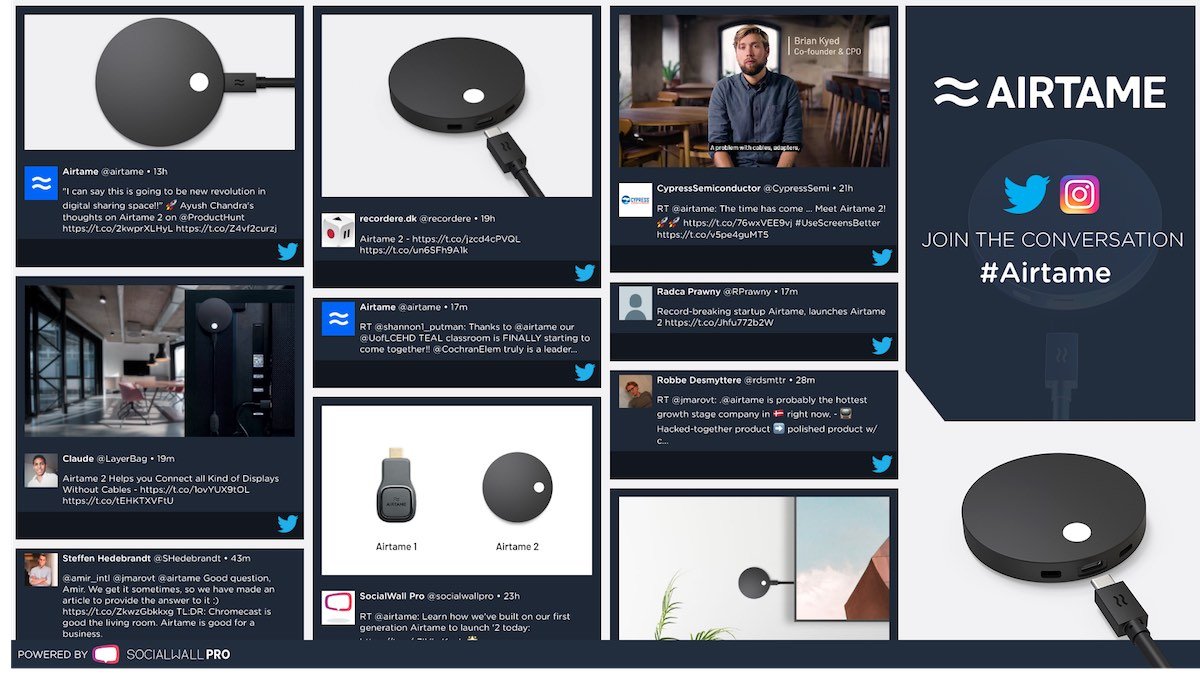 Screenshot from a SocialWall Pro Dashboard showing images of Airtame devices and social media comments