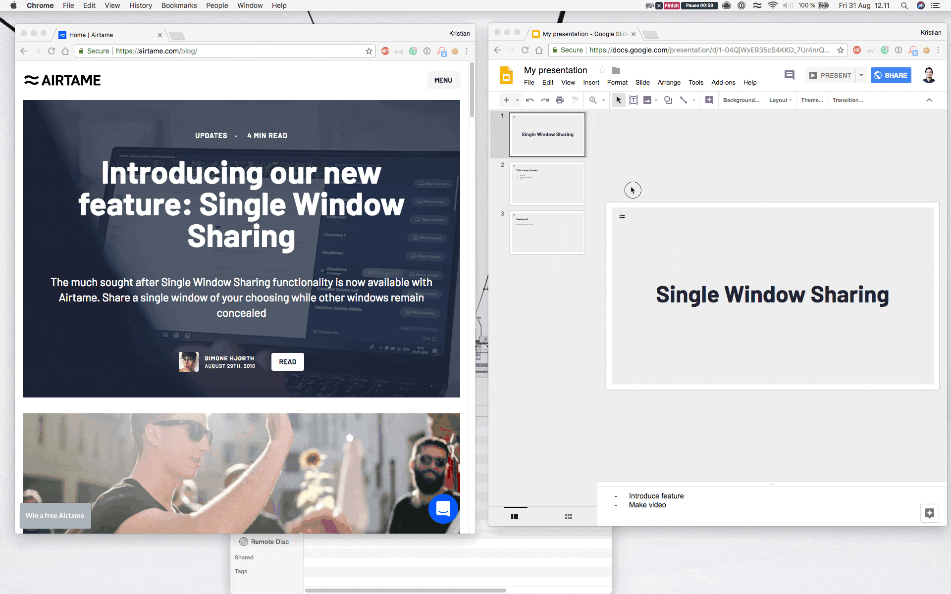 Video showing how to activate single window sharing