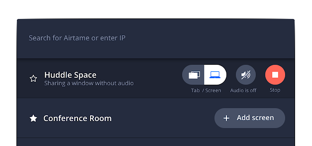 A screenshot from the Airtame tab showing how to share audio with the new Airtame app update