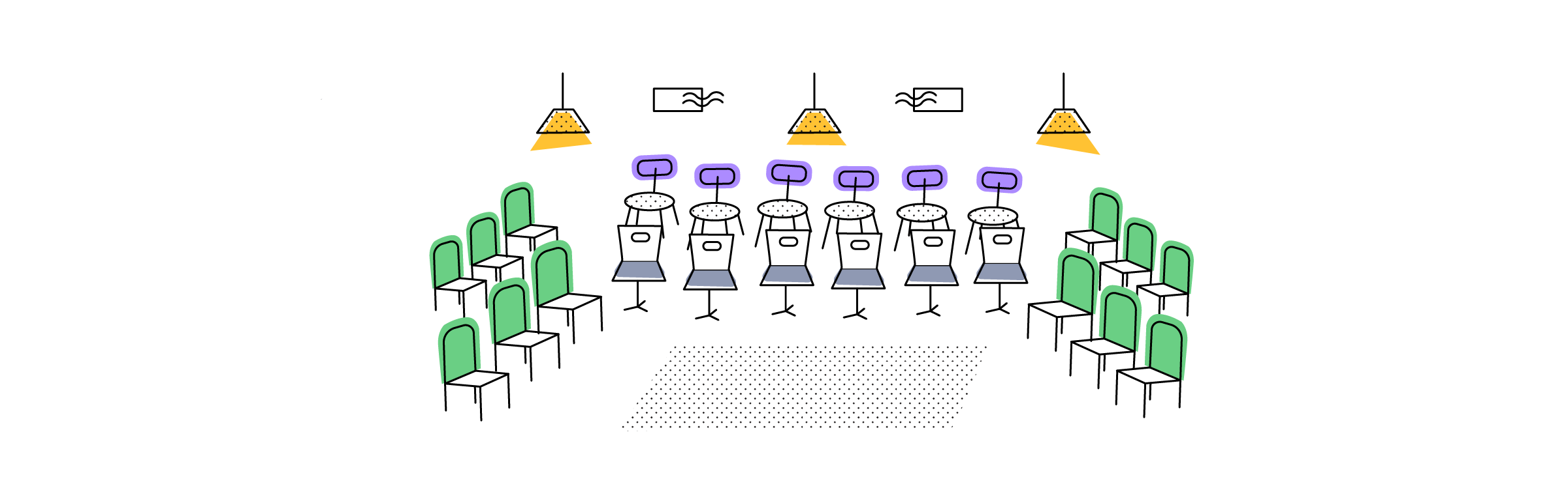Chairs representing the seating positions during a business meeting
