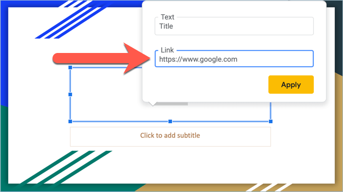 Screenshot from Google Slides showing how to insert a website link to your presentation
