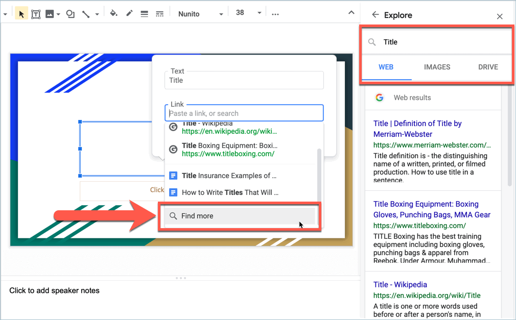 Screenshot from Google Slides showing how to find more links for your presentation using the Explore Side Panel