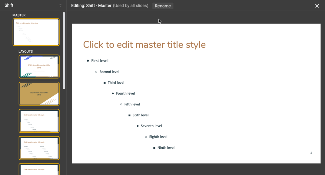 Screenshot from Google Slides showing how to edit slides for your presentation using the Slide Master