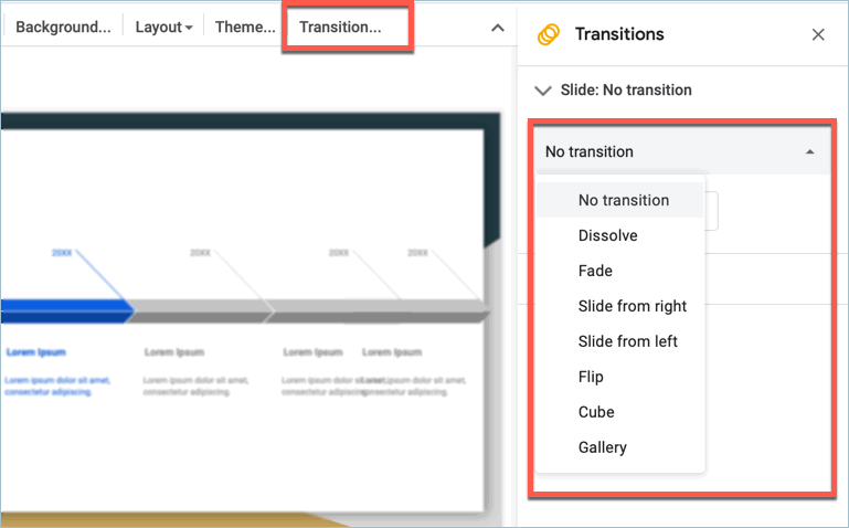 Screenshot from Google Slides showing how to do transitions in your presentations