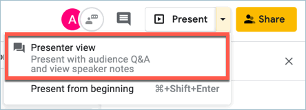 Screenshot from Google Slides showing how to present with audience Q&A and view speaker notes