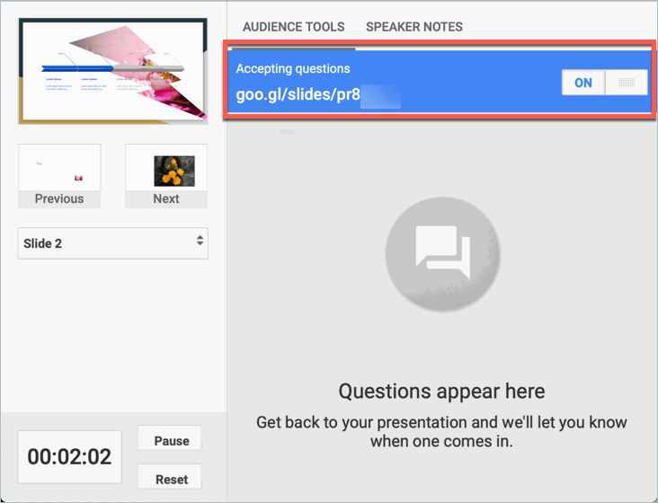 Screenshot from Google Slides showing how to generate a link to your online presentation and send the link to your audience