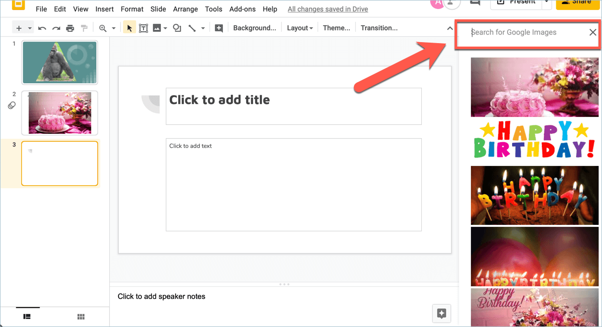 Screenshot from Google Slides showing how to insert images directly from Google Images to your presentation
