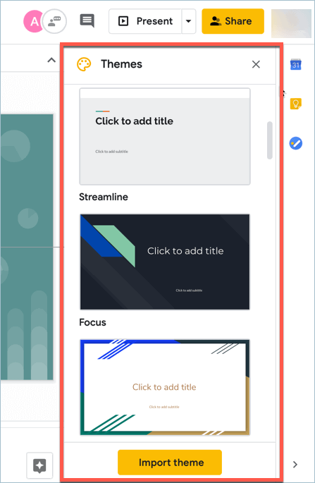 Screenshot from Google Slides showing the Themes side panel