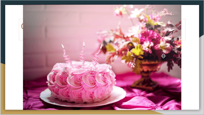 Screenshot from Google Slides showing an image of a pink birthday cake and flowers in the background