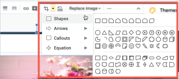 Screenshot from Google Slides showing how to reshape images using shapes, arrows, callouts and equations