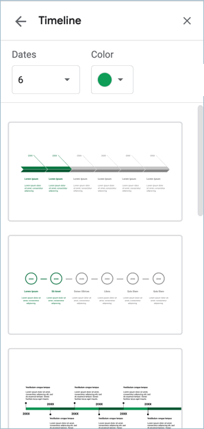 Screenshot from Google Slides showing how to insert and edit a timeline diagram