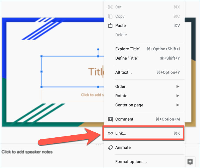 Screenshot from Google Slides showing how to insert links to your presentations