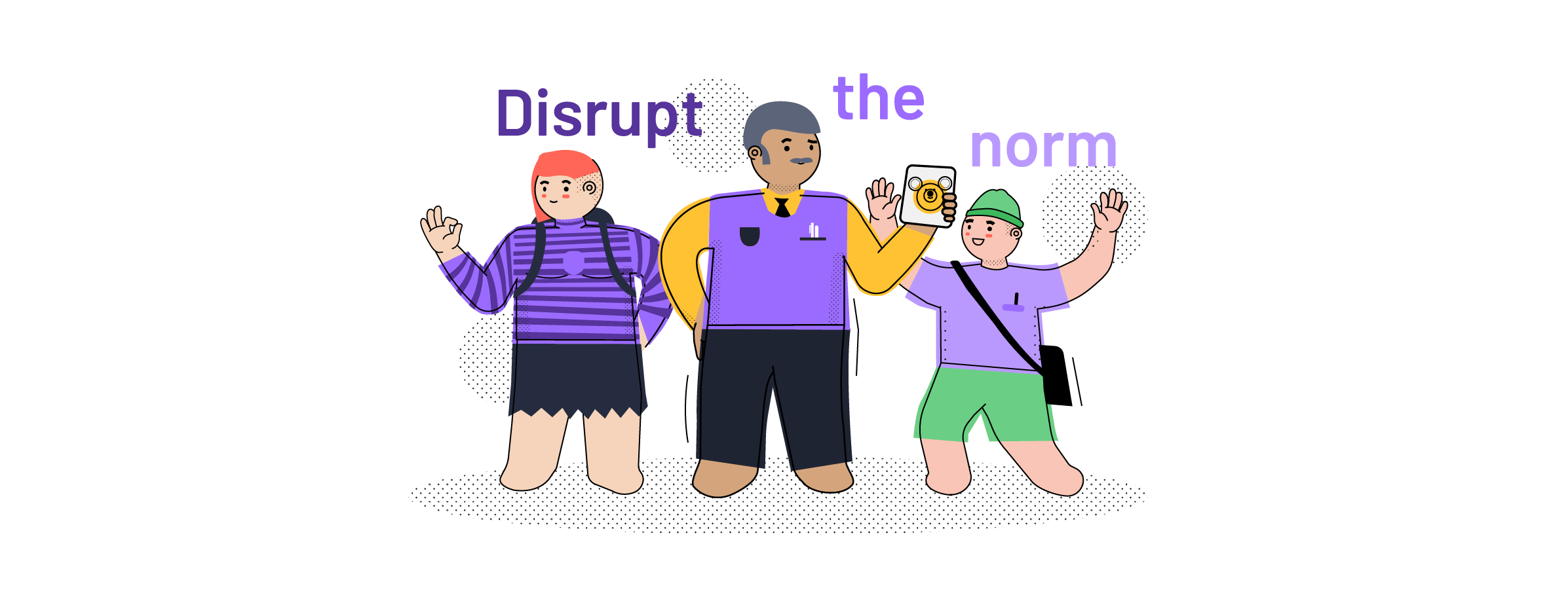Illustration of a teacher with kids and DISRUPT THE NORM text, related to edtech companies