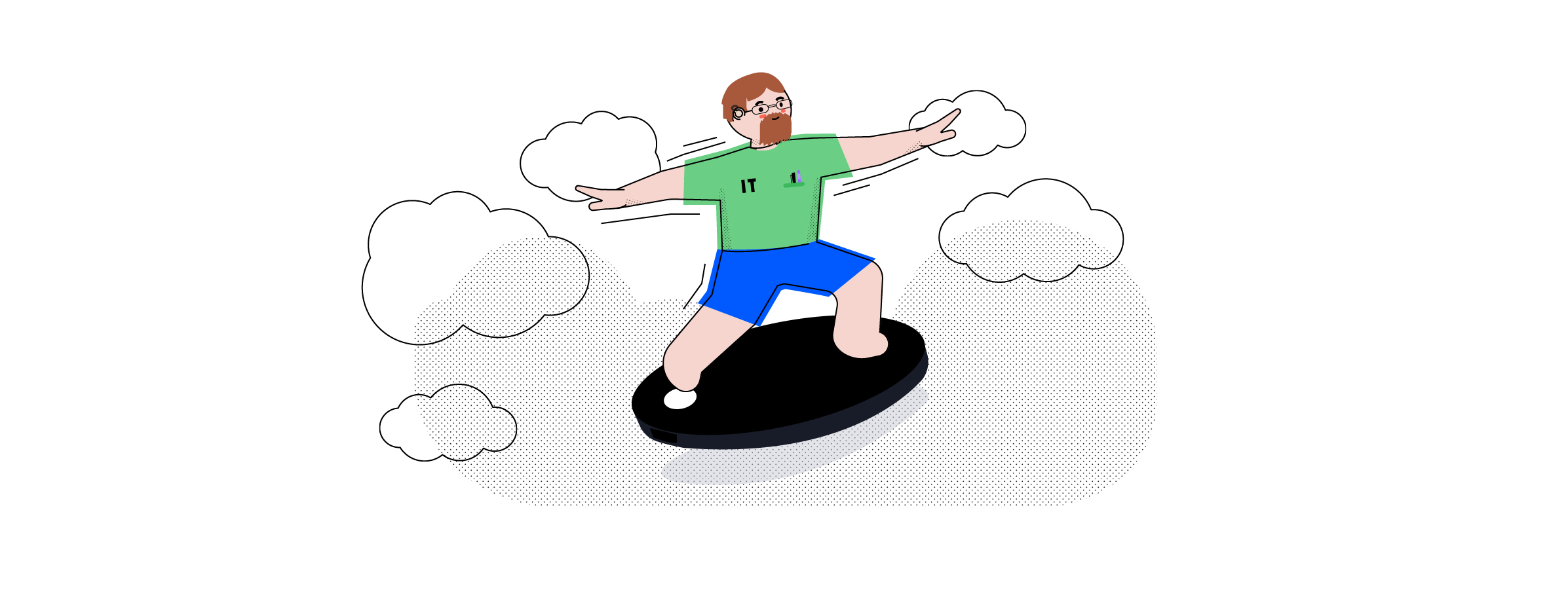 An IT admin standing on an Airtame device and flying through the sky